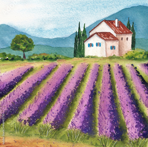 Provence landscape with a countryside house, lavender field, mountains and cypresses. Watercolor painting