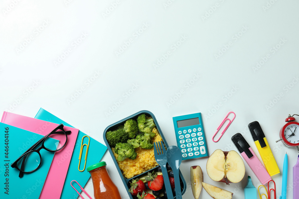 Study concept with lunch box on white background