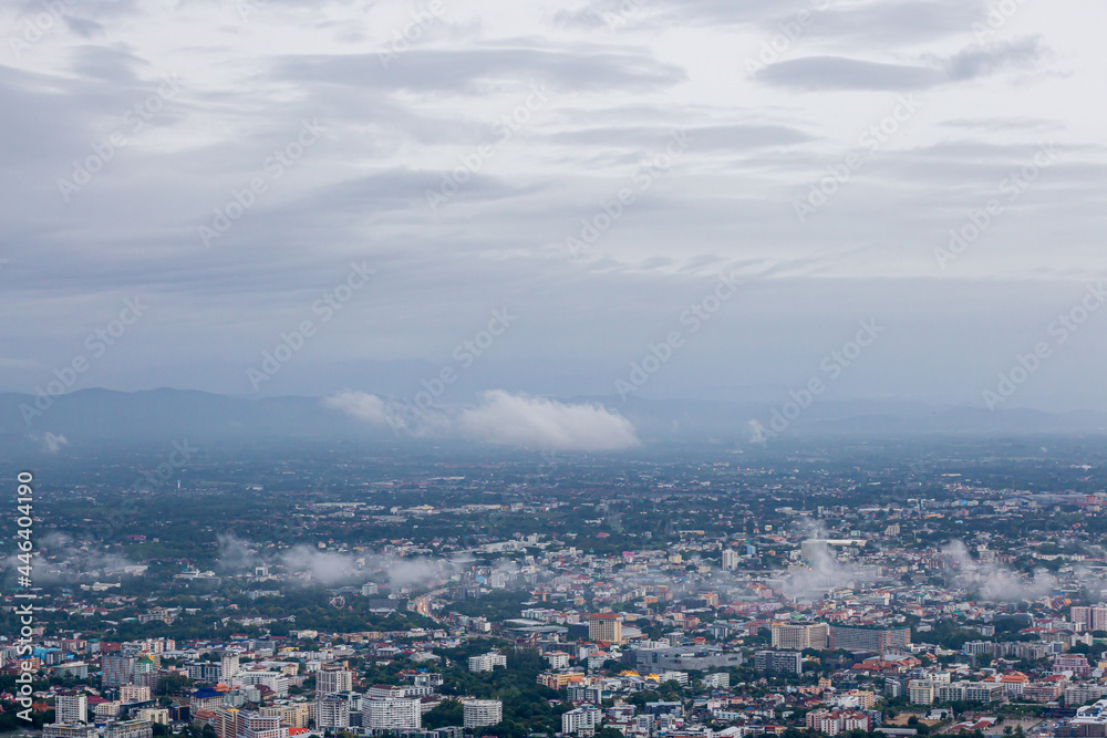 Top view of Chiang Mai city scenery Northern Thailand after the rain with fog