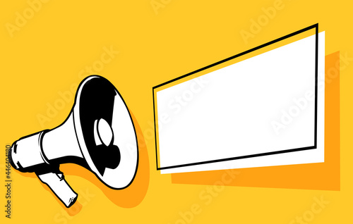 Black and white megaphone with blank speech bubble or banner and empty copy space for text. Template for ad and business. Vector illustration on yellow background