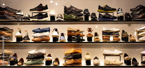 shoes on a shelf Background with shoes shop window street
