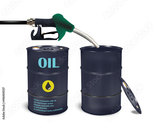 3d vector refueling black barrels with a fuel nozzle with oil, gasoline, diesel. Set of barrels 200 liters