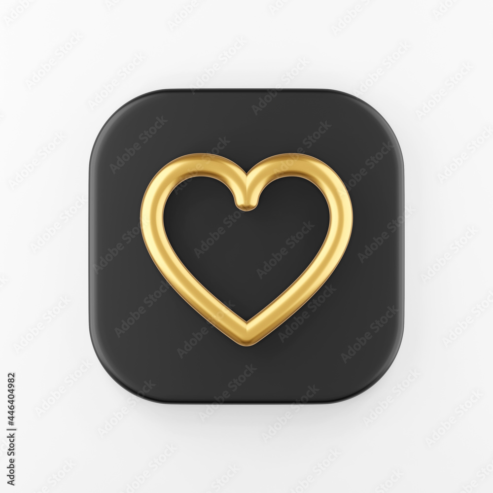 Gold heart contour line icon. 3d rendering black square key button, interface ui ux element. Gold heart contour line icon. 3d rendering black square key button, interface ui ux element.