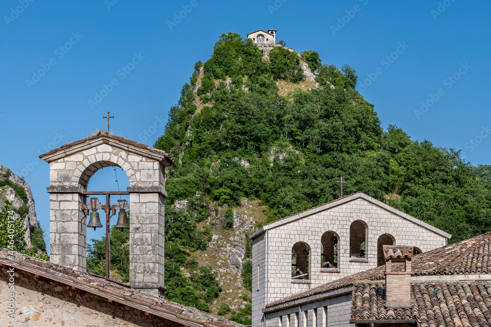 Bottom view of the Rock of Prayer of Roccaporena, Cascia, Italy, or Sacro Scoglio, seen from the city center 