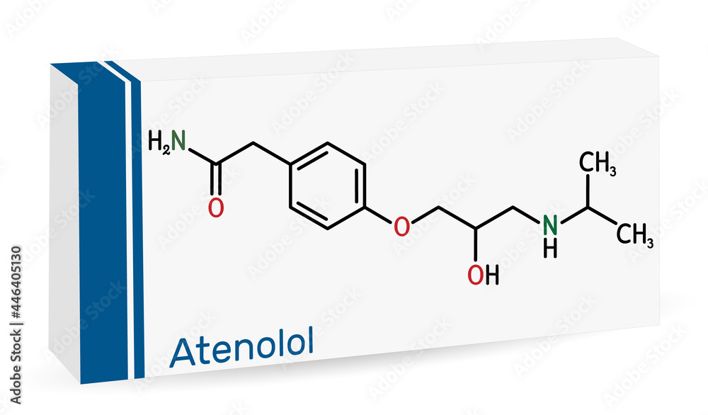 Obraz premium Atenolol cardioselective beta-blocker molecule. It is antihypertensive, hypotensive and antiarrhythmic drug. Skeletal chemical formula. Paper packaging for drugs