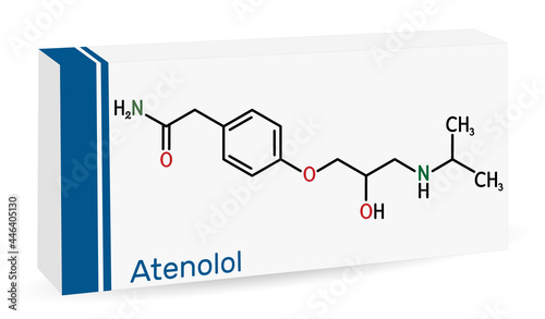 Atenolol cardioselective beta-blocker molecule. It is antihypertensive, hypotensive and antiarrhythmic drug. Skeletal chemical formula. Paper packaging for drugs photo