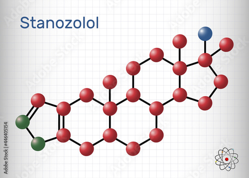 Stanozolol, Stz molecule. It is androgen, synthetic anabolic steroid, used in treating hereditary angioedema. Structural chemical formula and molecule model. Sheet of paper in a cage