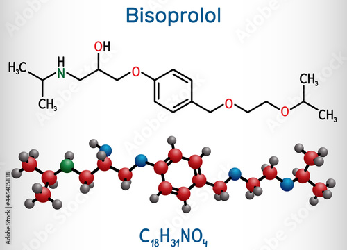 Bisoprolol molecule. It is cardioselective beta-blocker, used to treat high blood pressure, hypertension. Structural chemical formula and molecule model