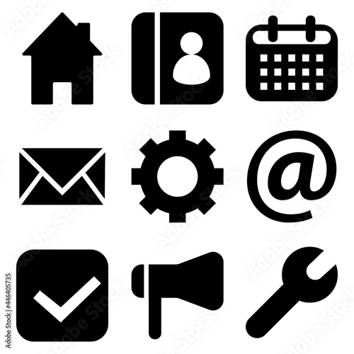 Icons set. Settings, contact, check, agenda, website symbols. Vector pack. photo