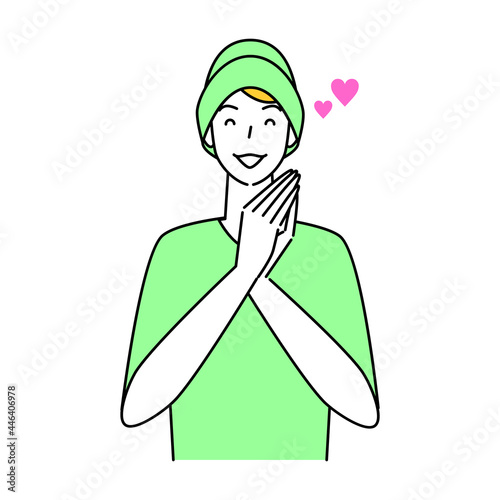ヘアケア 薄毛対策でウイッグ付きのケア帽子をかぶっている笑顔の可愛い男性 イラスト シンプル ベクター