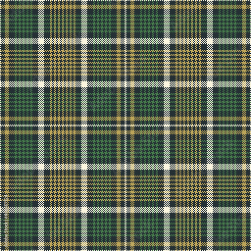 Tartan plaid pattern glen for autumn in gold and green. Seamless dark check plaid graphic background for flannel shirt, blanket, duvet cover, other modern fashion textile design. Pixel texture.