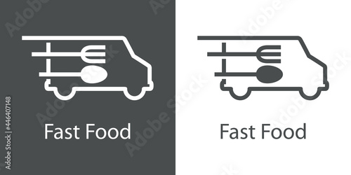 Logo con texto Fast Food con tenedor y cuchara en camión con lineas de velocidad en fondo gris y fondo blanco