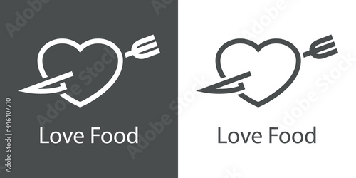 Logo con texto Love Food con corazón con cuchillo y tenedor con forma de flecha con lineas en fondo gris y fondo blanco