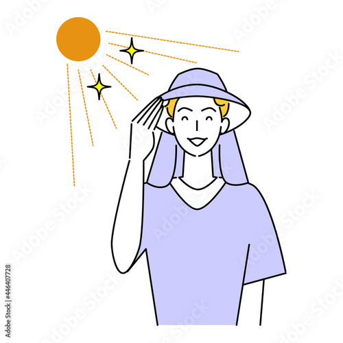 熱中症対策 太陽の下でバックシェード付きのUVカットの帽子をかぶっている笑顔の可愛い男性 イラスト シンプル ベクター