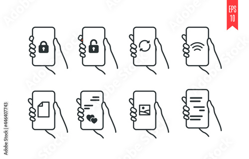 Set of mobile phone icons with different types of information on the screen. Line art vector symbols on white background. Locking the phone instructions, data security, wireless connection. Design ele