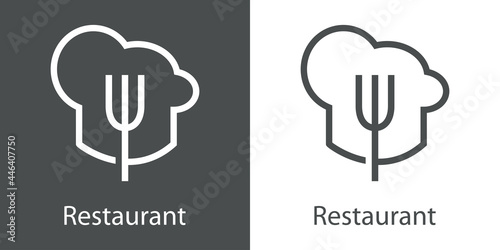 Logotipo con texto Restaurant con silueta de sombrero de cocinero con tenedor con lineas en fondo gris y fondo blanco