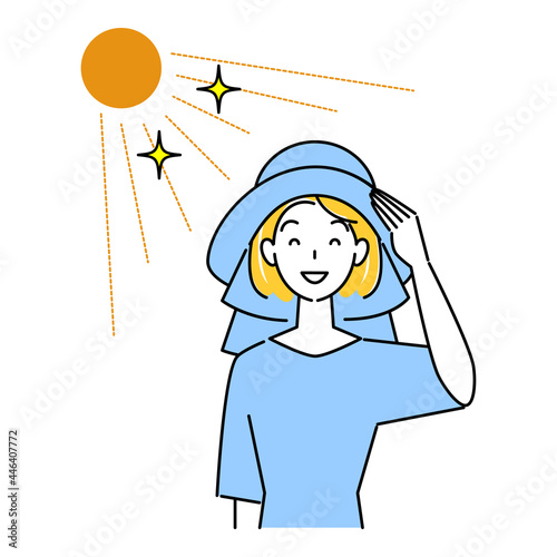 熱中症対策 太陽の下でバックシェード付きのUVカットの帽子をかぶっている笑顔の可愛い女性 イラスト シンプル ベクター