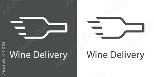 Logotipo con texto Wine Delivery con silueta de botella de vino con lineas de velocidad en fondo gris y fondo blanco