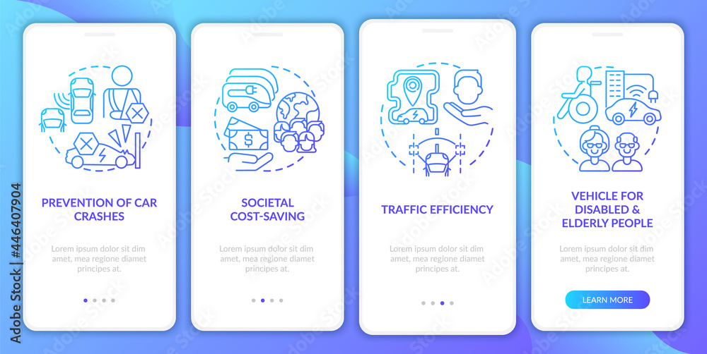 Future transport potential onboarding mobile app page screen. Driverless proofs walkthrough 4 steps graphic instructions with concepts. UI, UX, GUI vector template with linear color illustrations Future transport potential onboarding mobile app page screen. Driverless proofs walkthrough 4 steps graphic instructions with concepts. UI, UX, GUI vector template with linear color illustrations