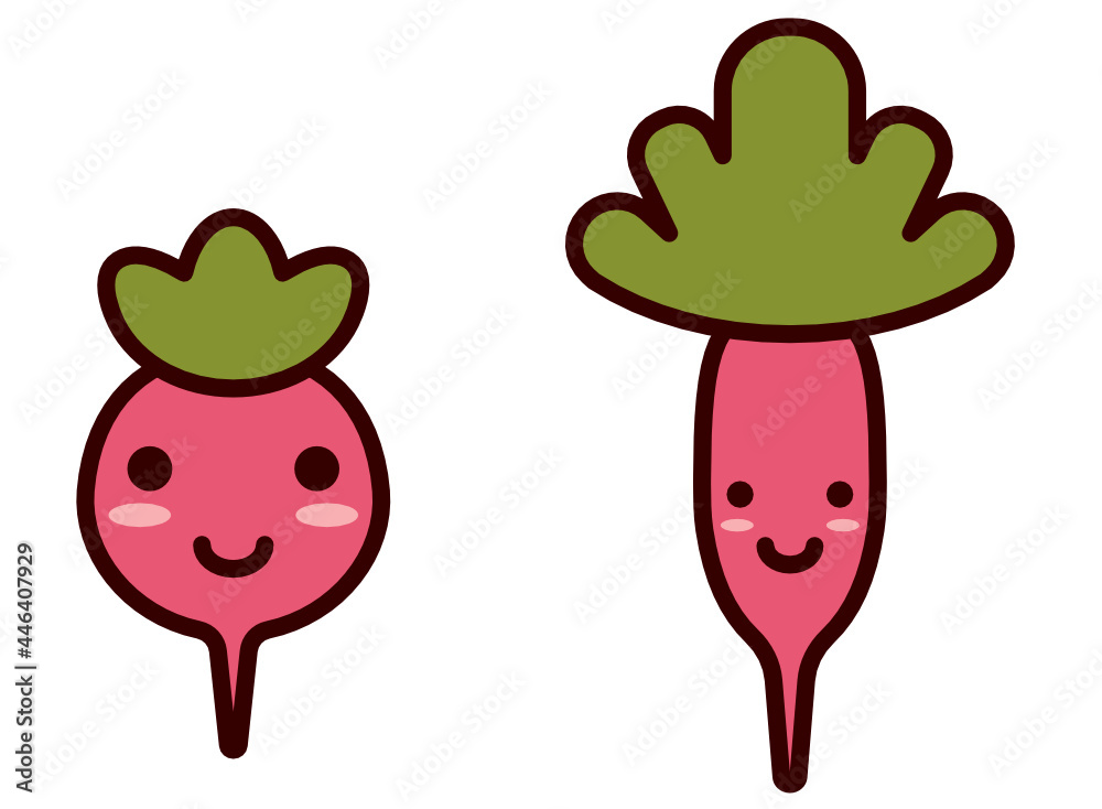 Cute baby radishes. Set kawaii vegetables. Cartoon characters smiling. Funny clipart for summer