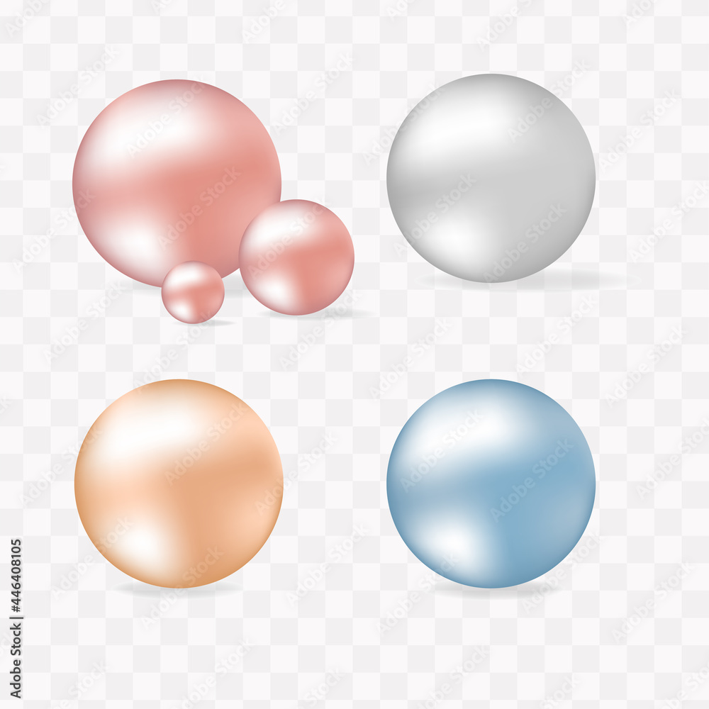 Pearl set isolated on transparent background. Spherical beautiful Vector Illustration. 3D orb with transparent glares and highlights. Pearl set isolated on transparent background. Spherical beautiful Vector Illustration. 3D orb with transparent glares and highlights.