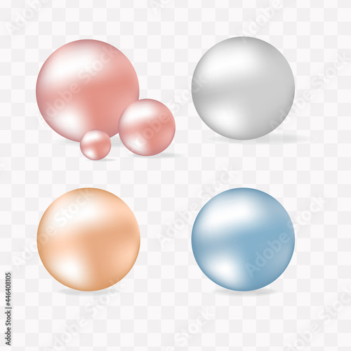 Pearl set isolated on transparent background. Spherical beautiful Vector Illustration. 3D orb with transparent glares and highlights.