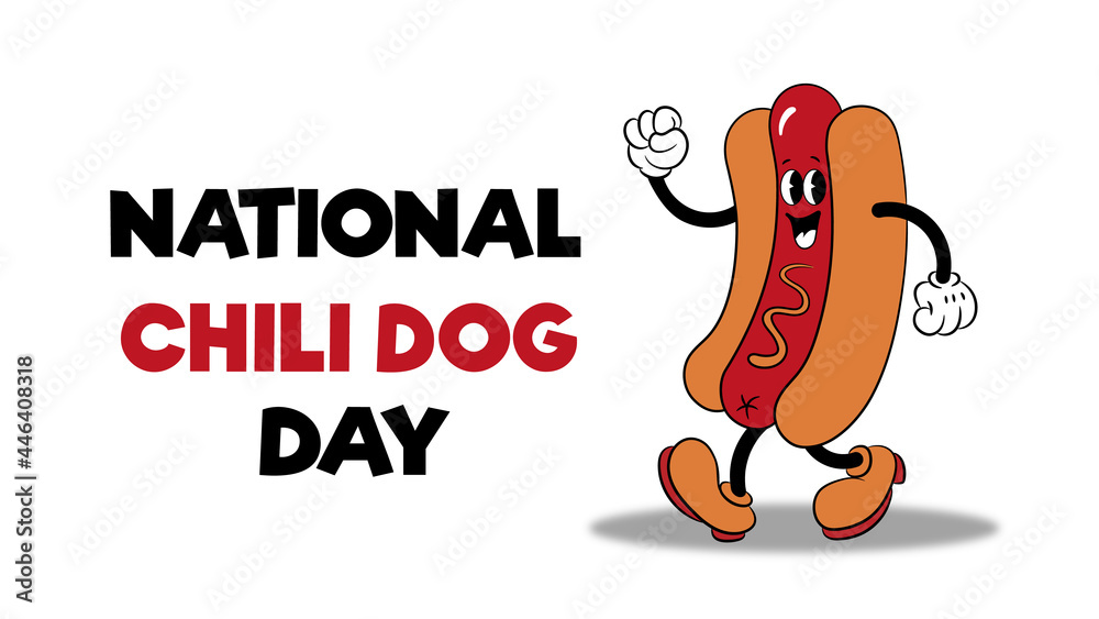 National Chili Dog Day July 29. Cartoon hot dog with mustard, lettering