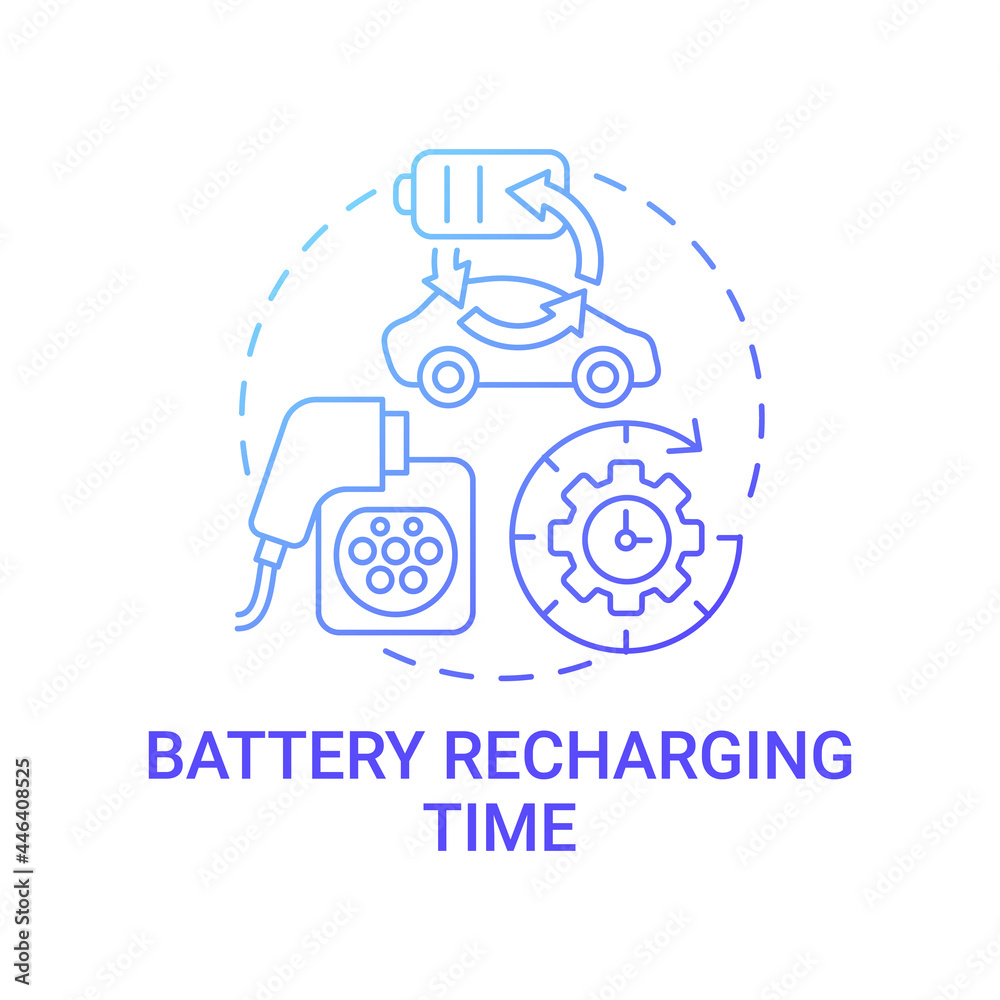Electric vehicles battery charging time concept icon. Eco-friendly charge opportunities abstract idea thin line illustration. Future driving car needs. Vector isolated outline color drawing. Electric vehicles battery charging time concept icon. Eco-friendly charge opportunities abstract idea thin line illustration. Future driving car needs. Vector isolated outline color drawing.