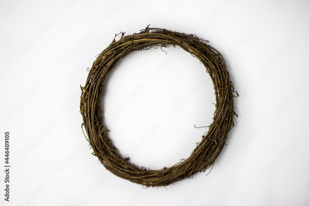 Instructions step by step. Creating an Easter wreath. Master class. DIY. Rattan wreath on a white background Instructions step by step. Creating an Easter wreath. Master class. DIY. Rattan wreath on a white background