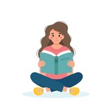Woman reading book while sitting. Learning and literacy day concept. Cute vector illustration in flat cartoon style