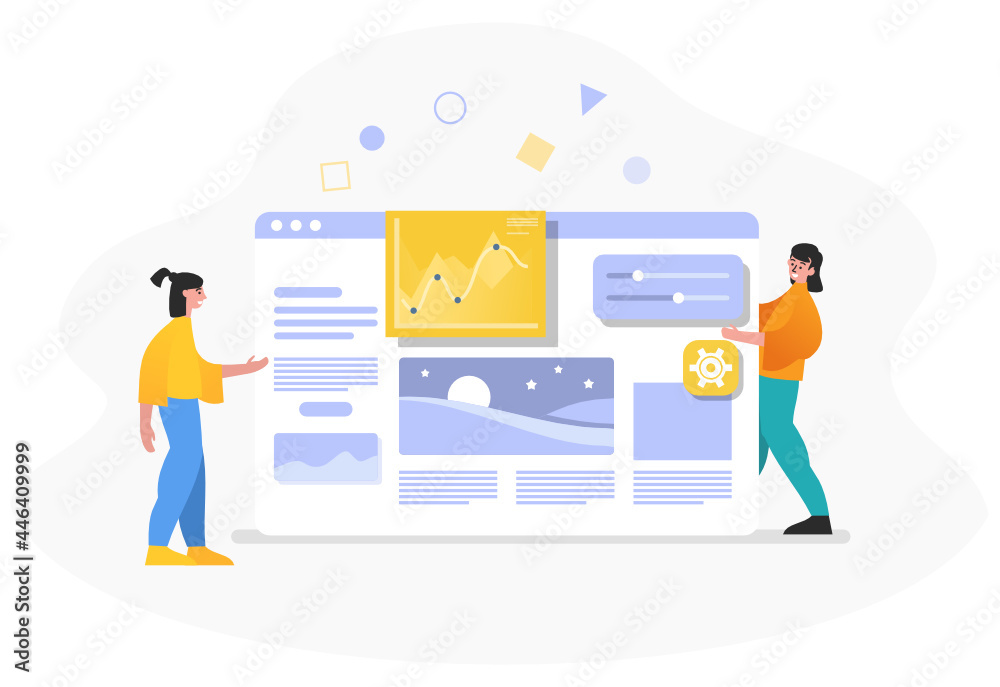User interface, web or desktop application development. Two people stand near web page, various interface elements. Modern vector illustration