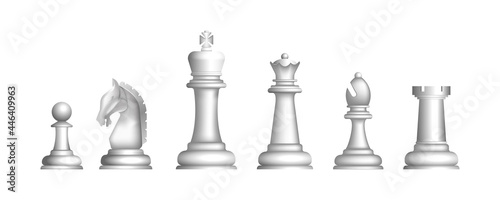 Realistic chess game white figures set isolated