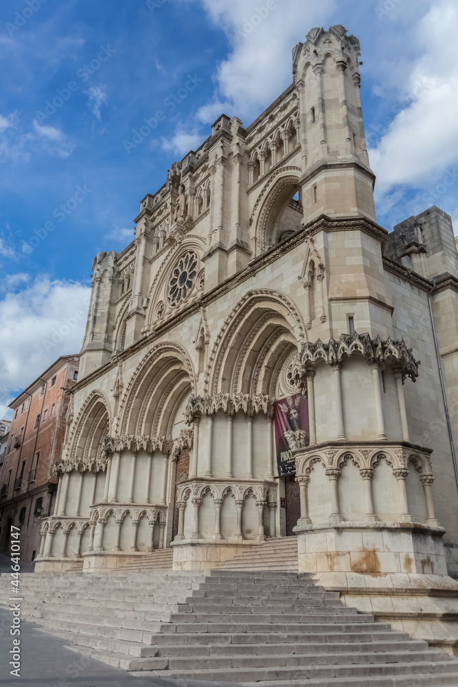 Amazing view at the gothic front facade building at the Cuenca cathedral