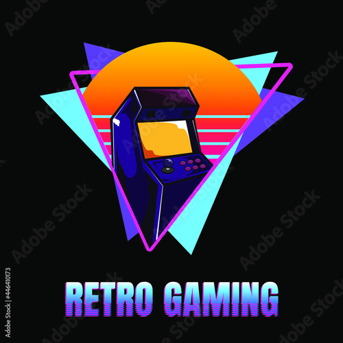 Retro symbol logo with arcade video game machine Triangle shapes Sunset and 80's icon
