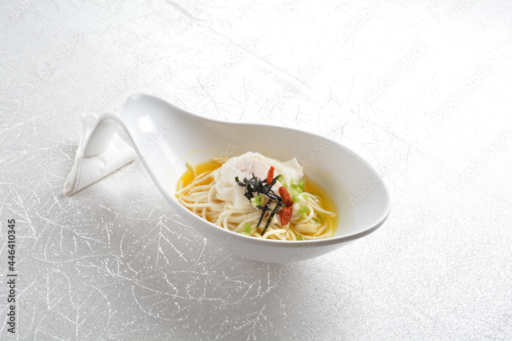 braised cook ramen noodle with scallop seafood dumpling in golden chicken stock soup big spoon bowl asian halal menu braised cook ramen noodle with scallop seafood dumpling in golden chicken stock soup big spoon bowl asian halal menu