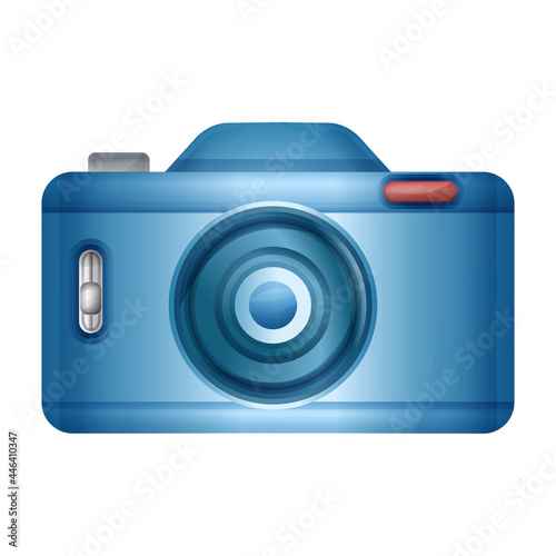 Blue photo camera sign. Photography picture or video creation studio. Professional photographer. Realistic optical digital equipment with lens. Snapshot, selfie, upload image album on site. Vector