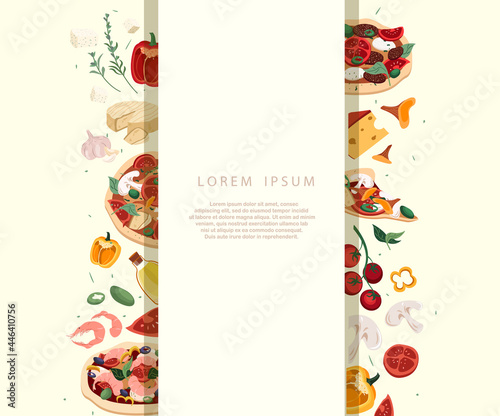 Design of ad banner for pizzeria with salami,tomato pizza with olives ingredient on background.Broadsheet Poster Promo template for Italian food restaurant or cafe.Vector illustration of advertisement © Alina.Alina