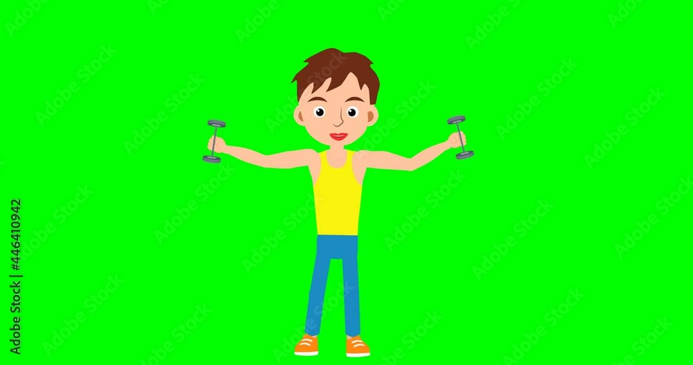 lift dumbbells boy 2d animation cartoon on green screen lift dumbbells boy 2d animation cartoon on green screen