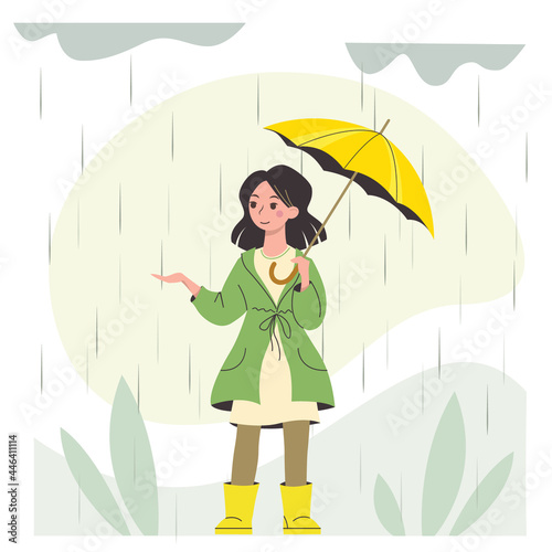 Vector nice young woman in the coat and rubber boots walking in the rain with umbrella. Cartoon girl enjoyed autumn weather.