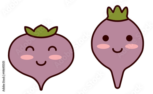 Kawaii vegetables. Cartoon rutabaga. Cute swede turnip character smiles at baby. Traditional healthy food. Fodder crop harvest. Farm clipart for garden icons. Flat vector illustration with outline.