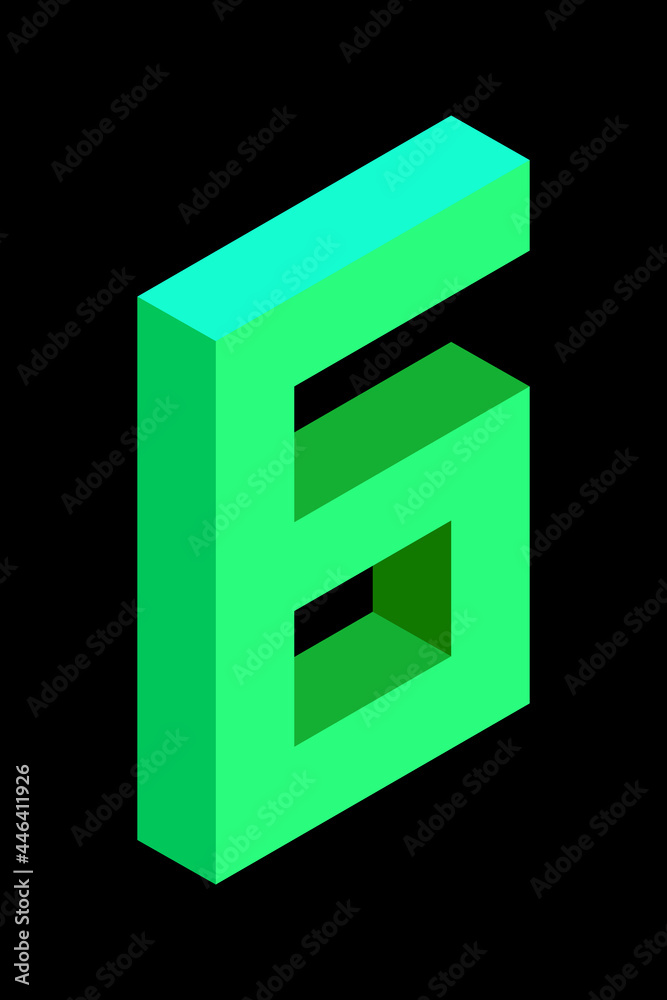 Light green number 6 in isometric style. Isolated on black background. Learning numbers, serial number, price, place.