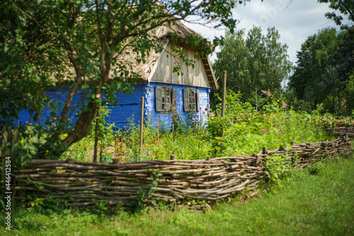 Klasyczna drewniana chata pokryta strzechą photo