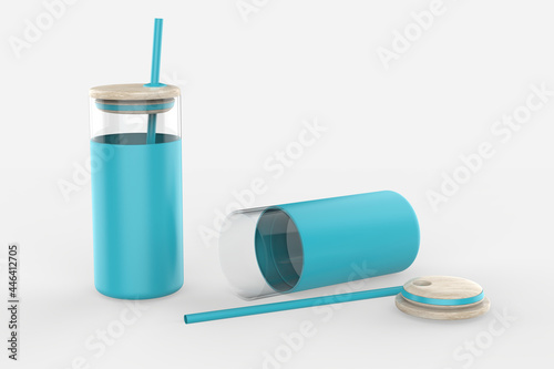 Borosilicate Glass Tumbler Glass Water Bottle With Straw Silicone Sleeve Bamboo Lid. 3d illustration photo