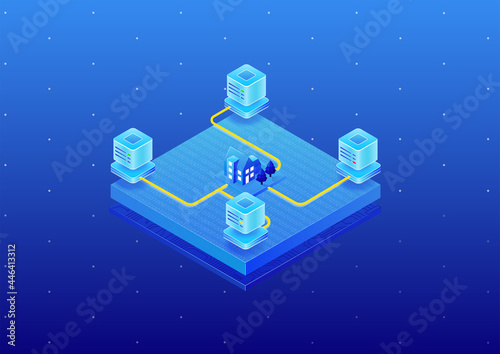 Wallpaper Mural Concept of automated smart home connected to cloud data centers. 3D isometric vector illustration. A house communicating with server farm via the internet. Torontodigital.ca