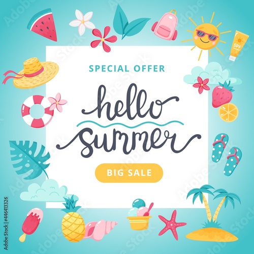 Summer sale banner. Hand drawn lettering and cute cartoon elements. illustration