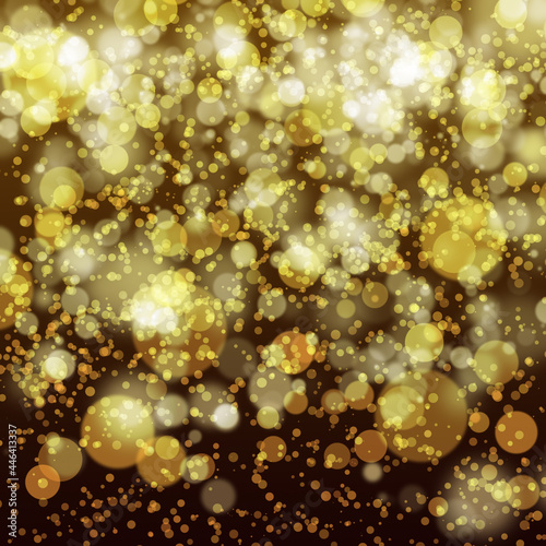 Beautiful festive golden abstract random background with bokeh lights for design. De focused holiday Golden color texture. Blurred decorative pattern of scattered lights spots