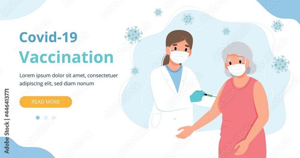 Obraz premium Vaccination for the elderly, senior woman and a doctor with a syringe. Banner webpage template illustration in flat cartoon style
