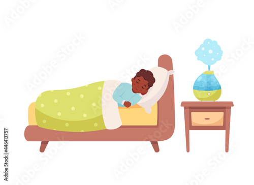 Black boy sleeping with air humidifier in room. Healthy sleep. Vector illustration