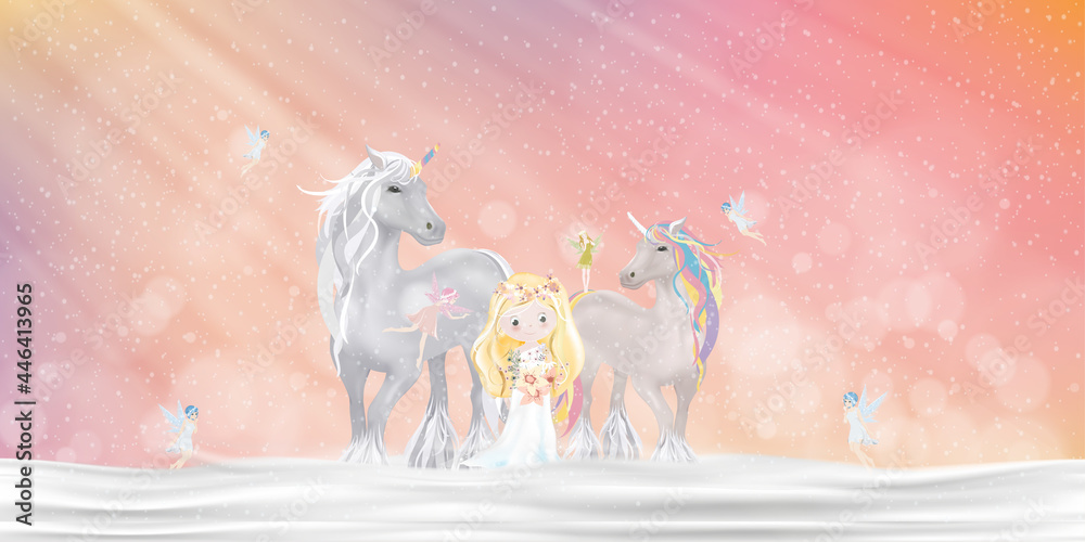 Unicorn with little fairies flying and cute princess walking on snow at ...