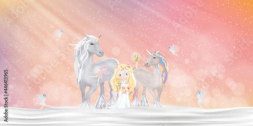 Unicorn with little fairies flying and cute princess walking on snow at magic wonderland,Cartoon fantasy winter landscape for Merry Christmas or Happy New Year greeting card for kids